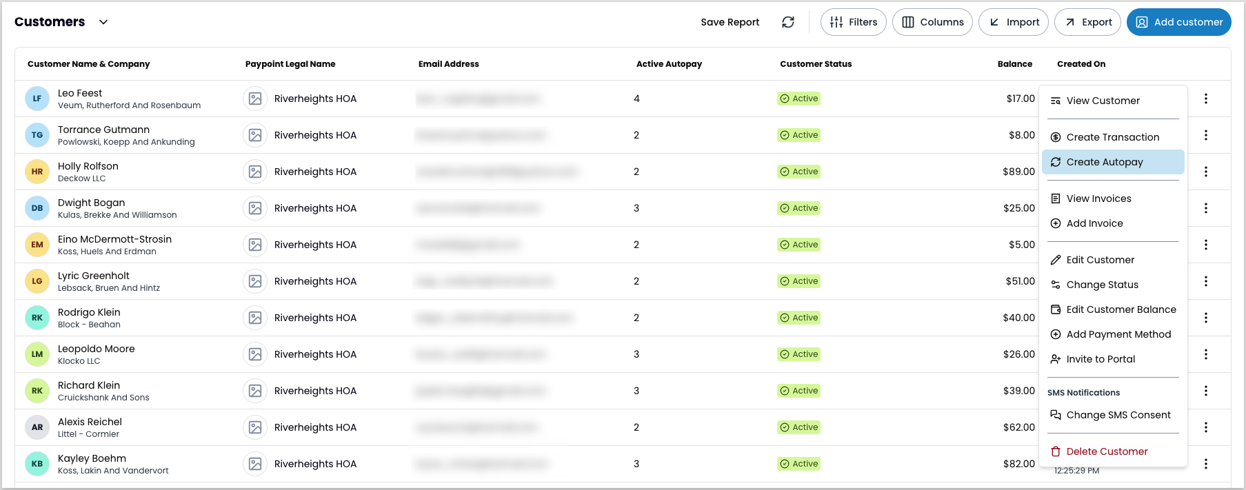 Three-dot action menu on a customer record with Create autopay highlighted