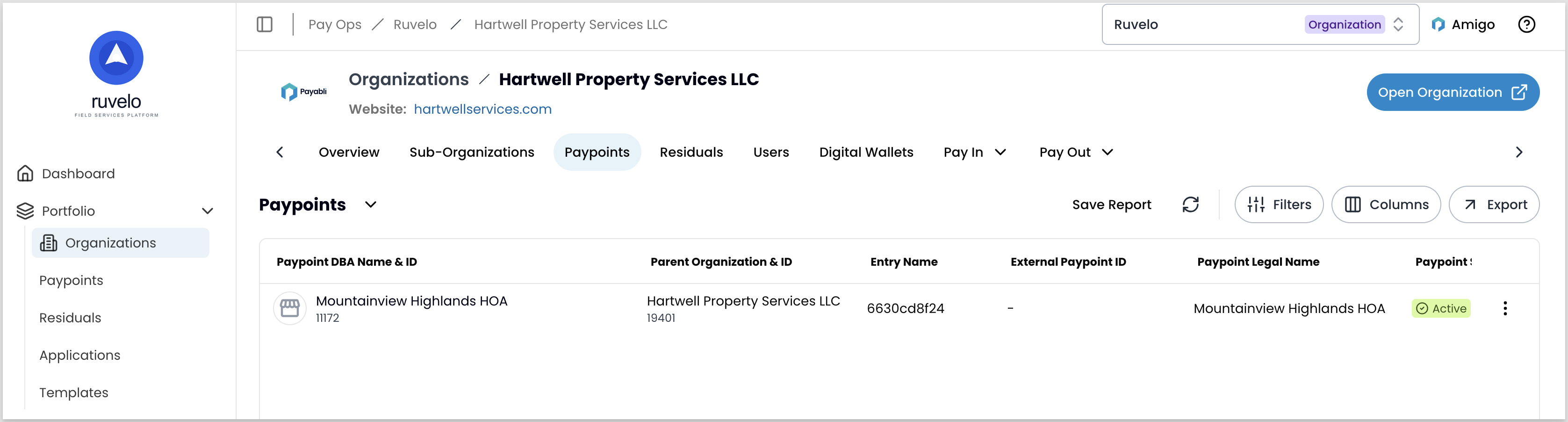 Hartwell Property Services LLC organization record with the Paypoints tab selected, showing Mountainview Highlands HOA as a paypoint