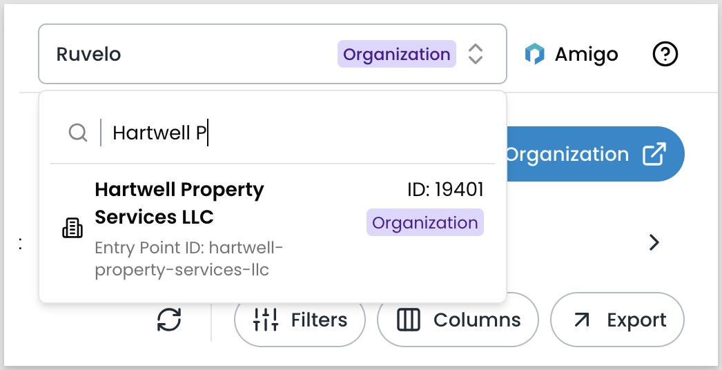 Navigation bar context dropdown showing a search for 'Hartwell P' with Hartwell Property Services LLC appearing as a result