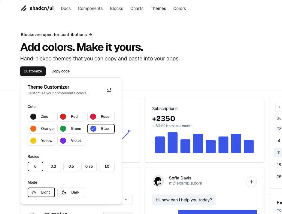 Screenshot of shadcn/ui theme builder