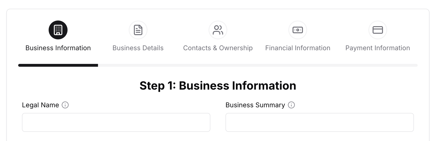 Screenshot of application with moved business summary field