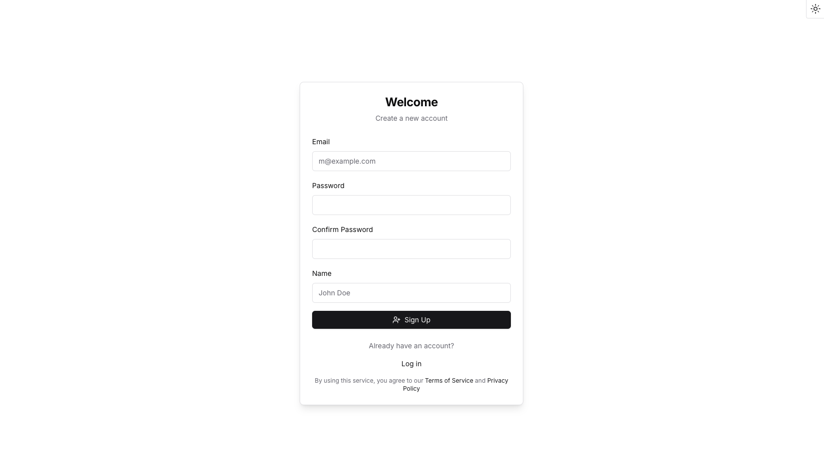 Screenshot of sign-up page