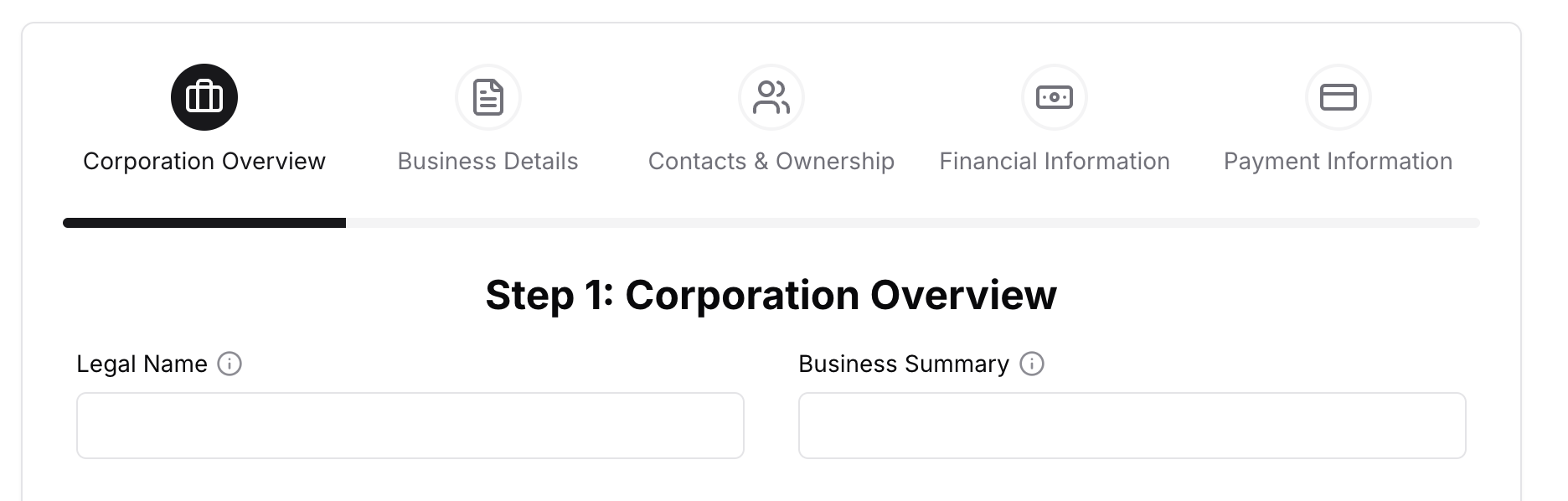 Screenshot of application with new corporation overview section
