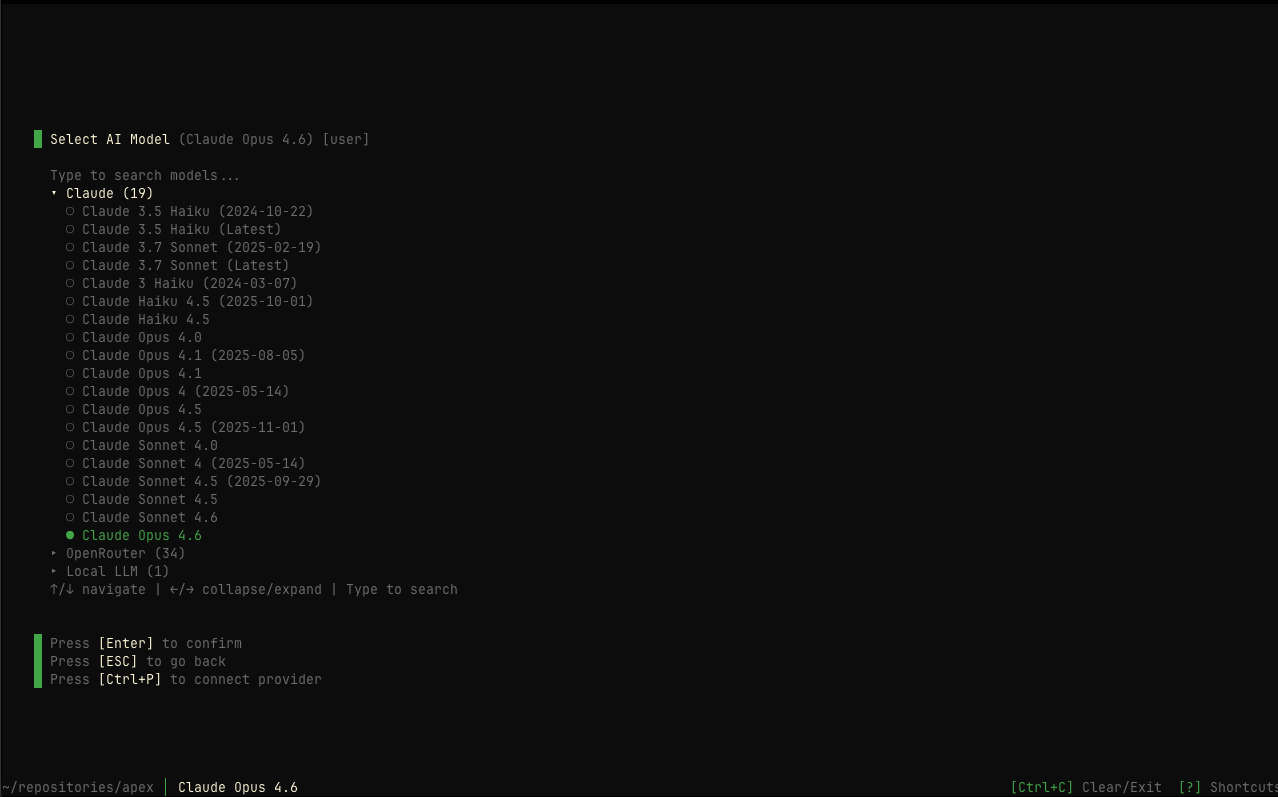 Model selection screen — models grouped by provider