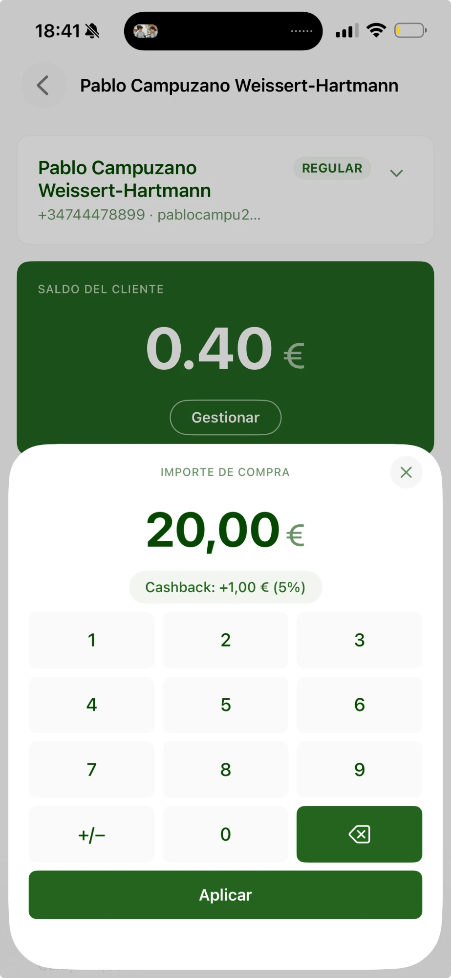modal 'Importe de compra' con el cashback previsto y el botón Aplicar
