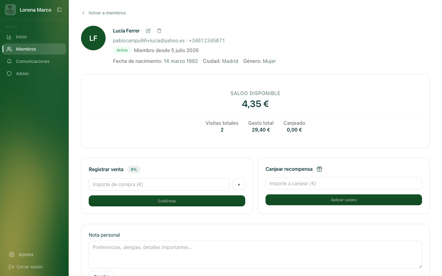 ficha de miembro con botón de borrado visible