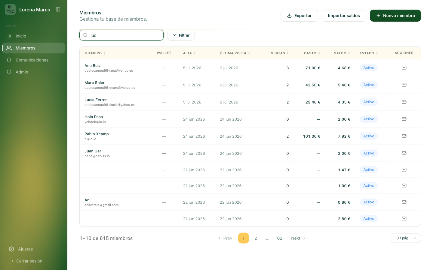 buscador de Miembros con resultado de un cliente