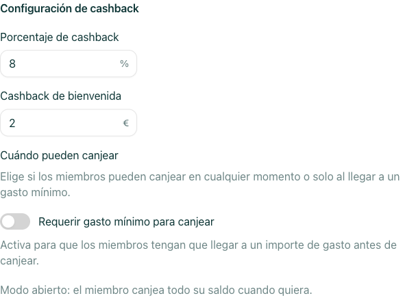 configuración del porcentaje de cashback y del toggle "Requerir gasto mínimo para canjear"