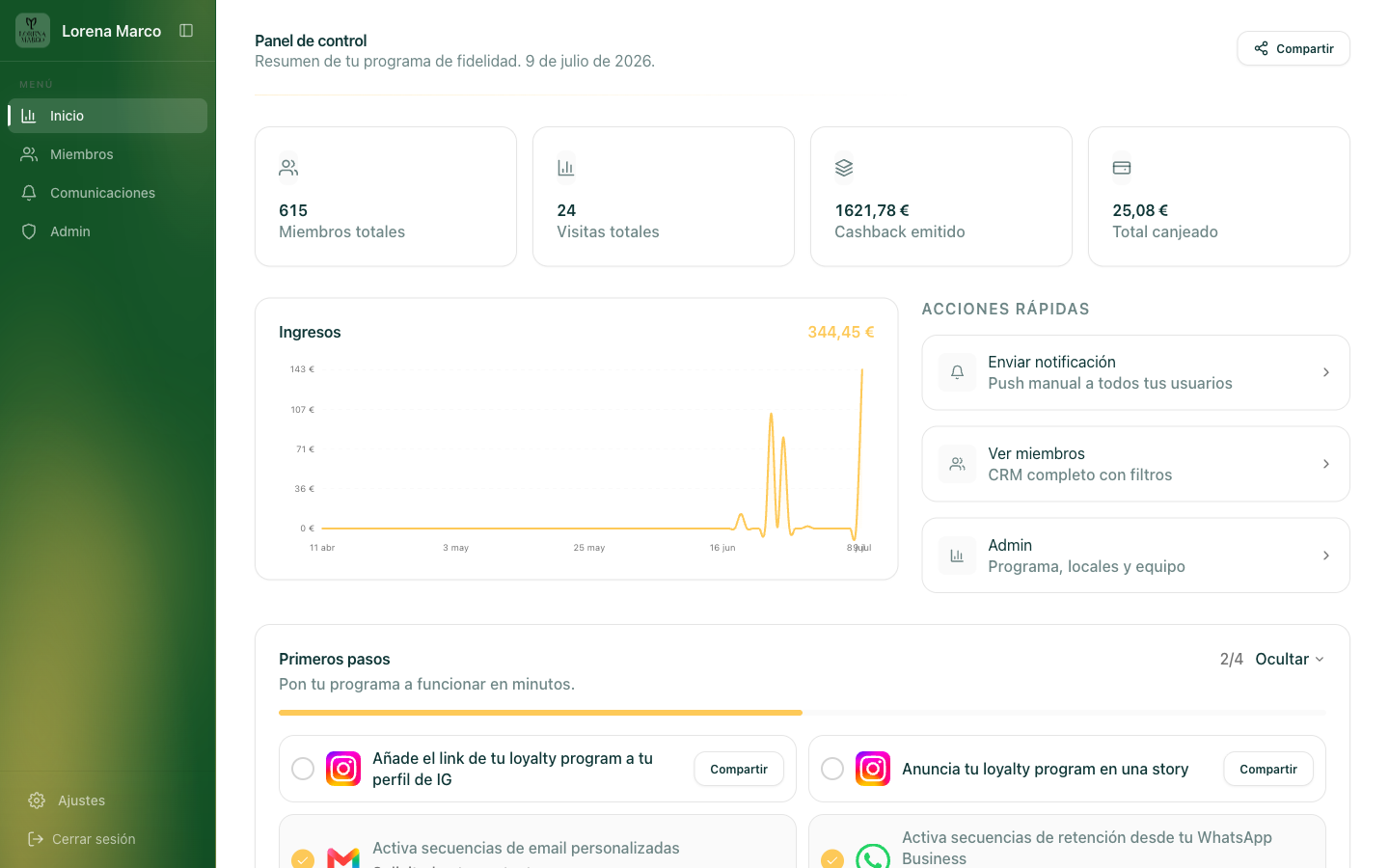 vista completa del dashboard con los 4 KPIs, el gráfico principal y el top-5 con datos reales