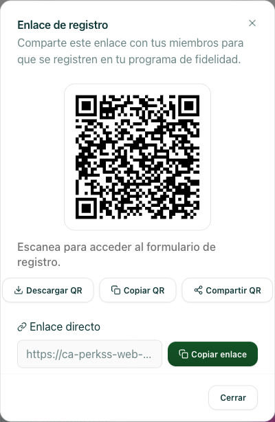 modal "Enlace de registro" con el QR y los botones descargar/copiar/compartir