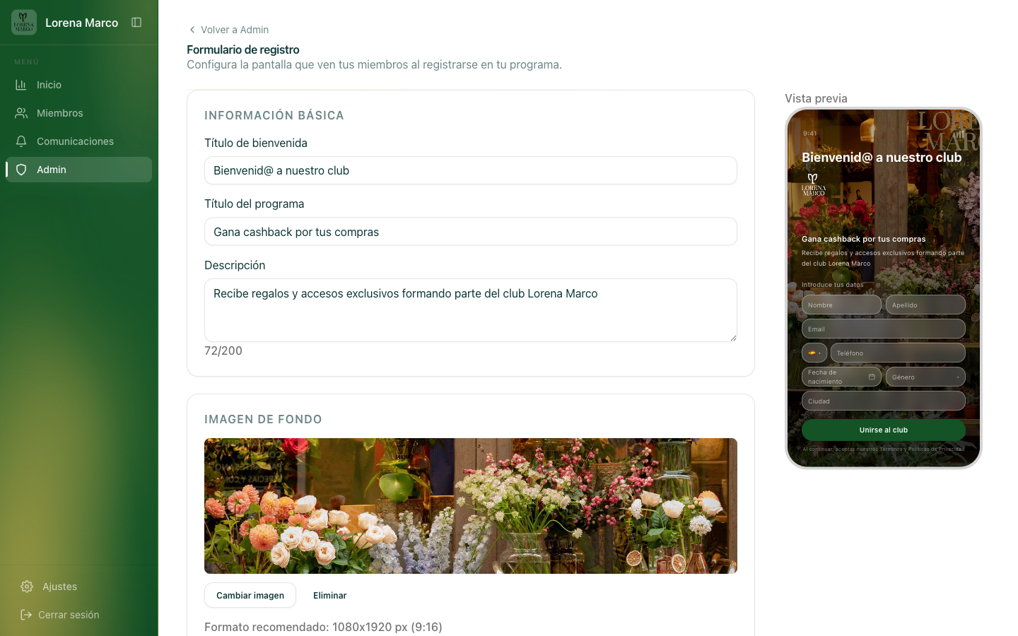 pantalla Admin > Formulario de registro con los toggles de campos opcionales y la lista de campos personalizados