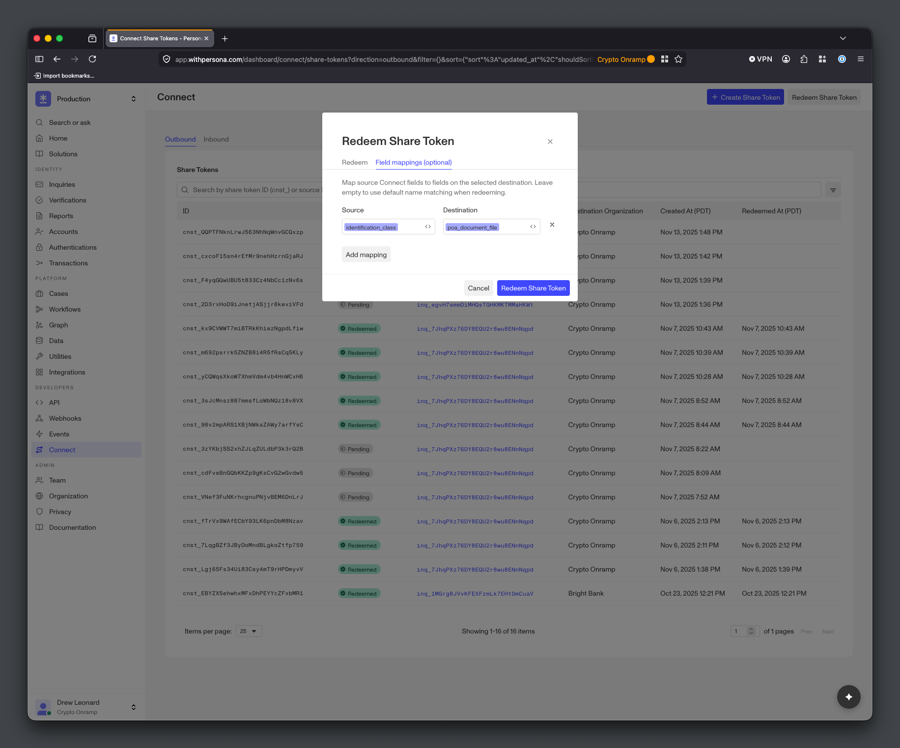 Persona Dashboard Redeem Share Token modal with the Field mappings tab open, showing one source-to-destination field mapping row and an Add mapping button