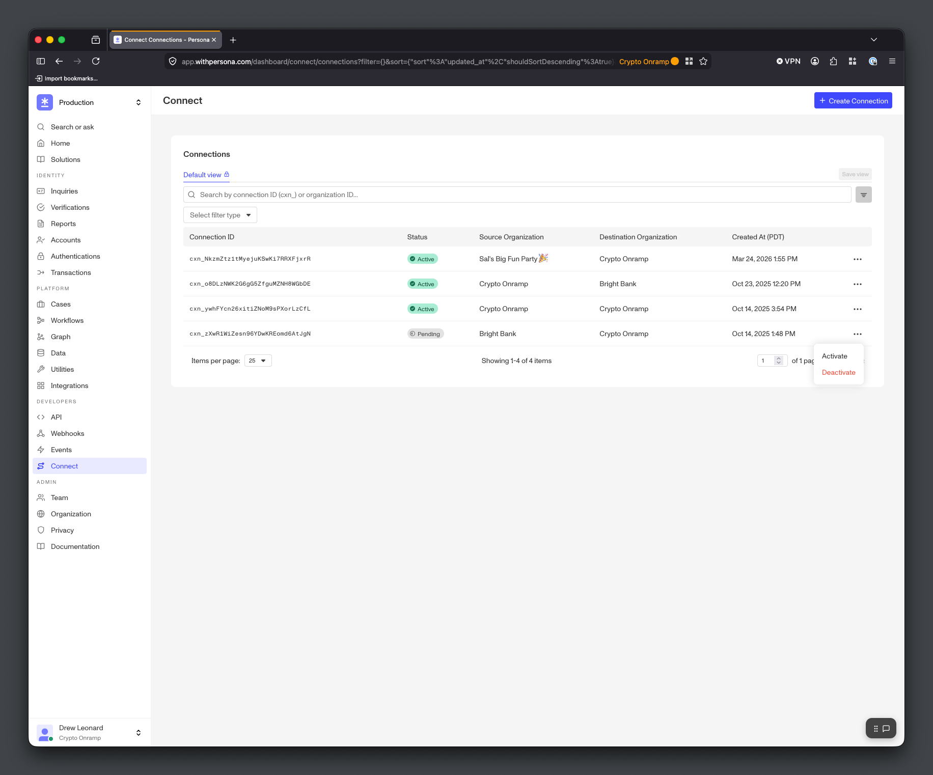 Destination Organization activating a Pending Connection via the row's actions menu.