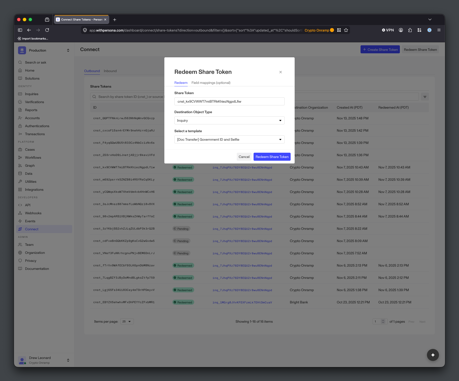 Persona Dashboard UI for redeeming a Share Token
