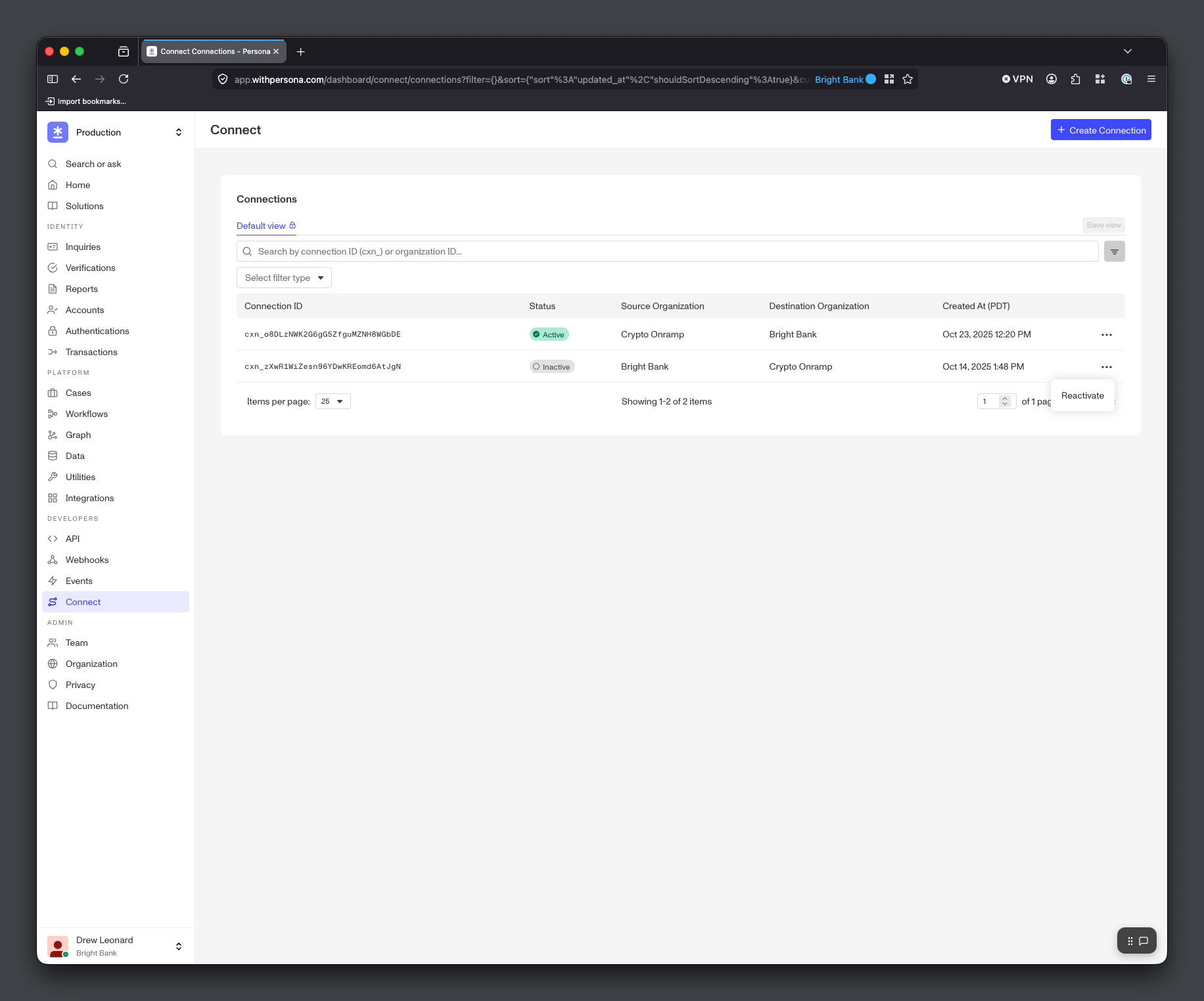 Source Organization reactivating an Inactive Connection via the row's actions menu.