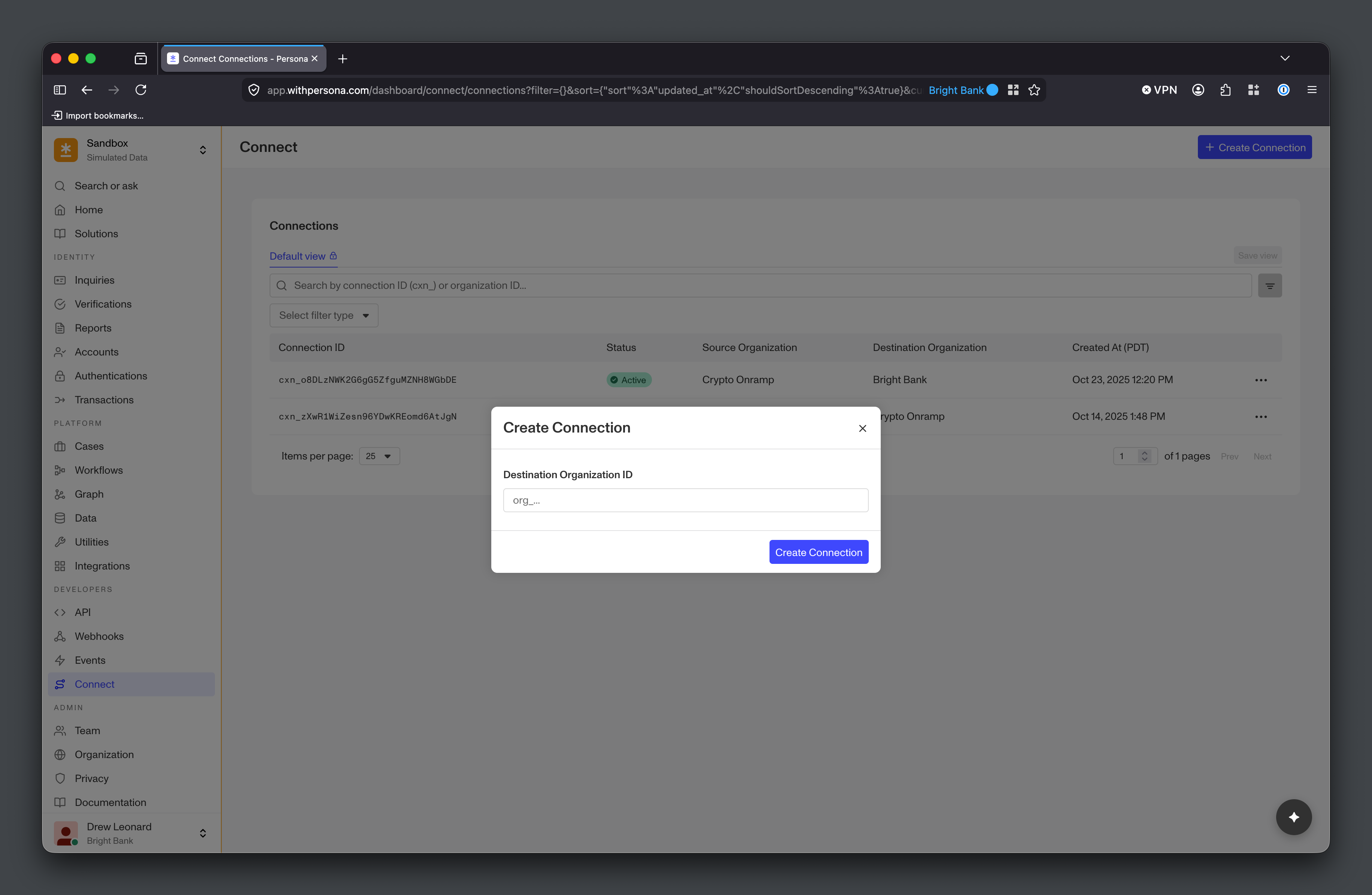 Source Organization creating a Connection from the Dashboard's Connect > Connections page.