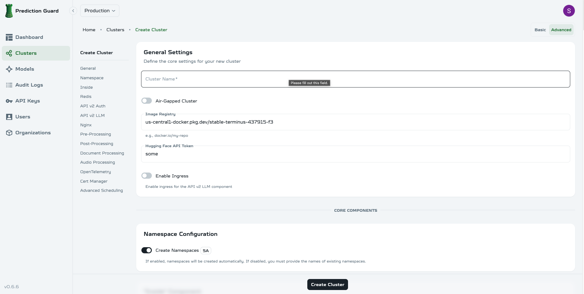 Create Cluster Page