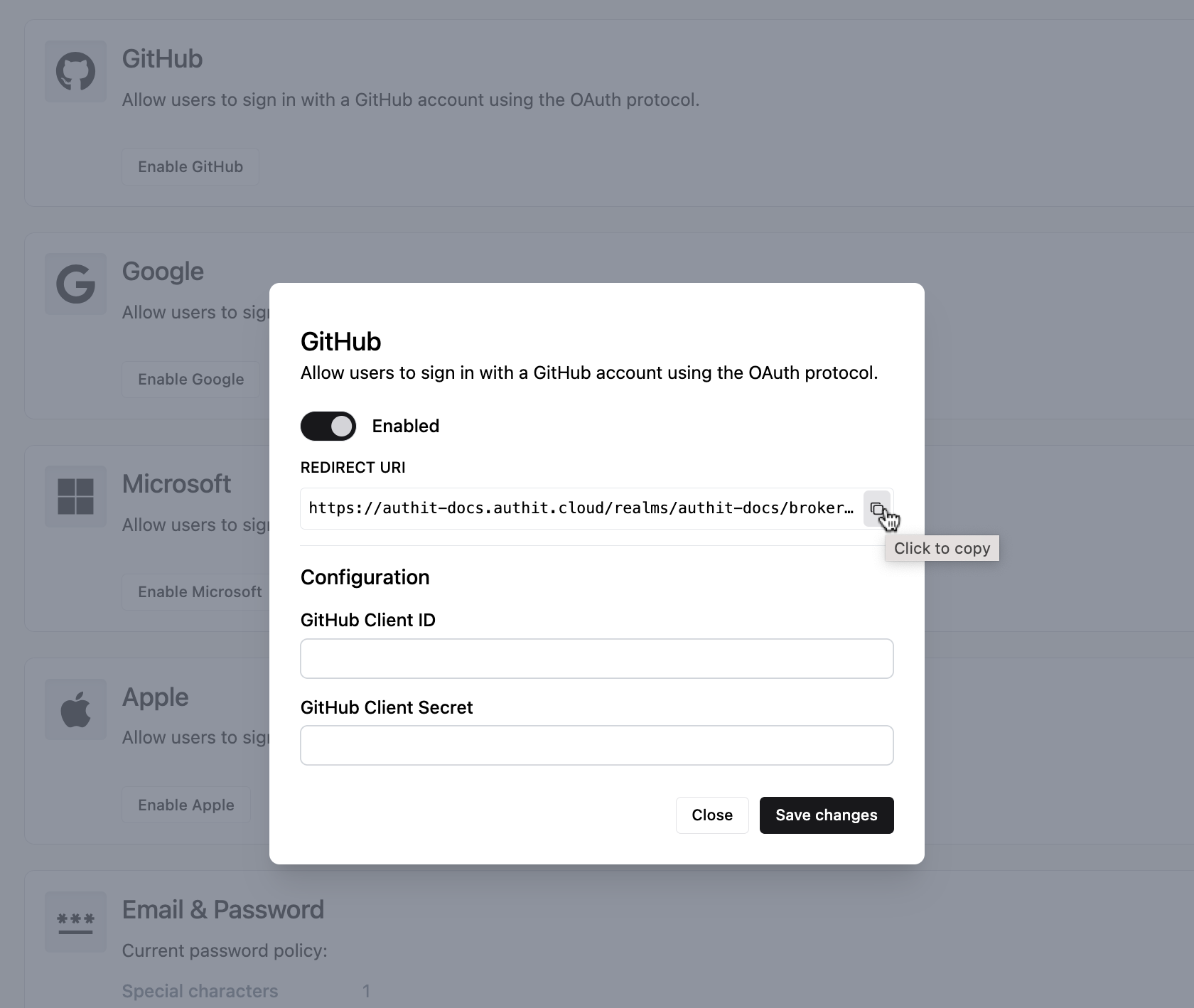 GitHub integration settings