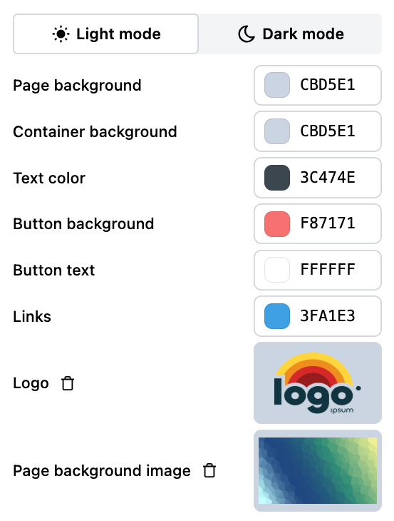 Login page branding: theme-specific settings