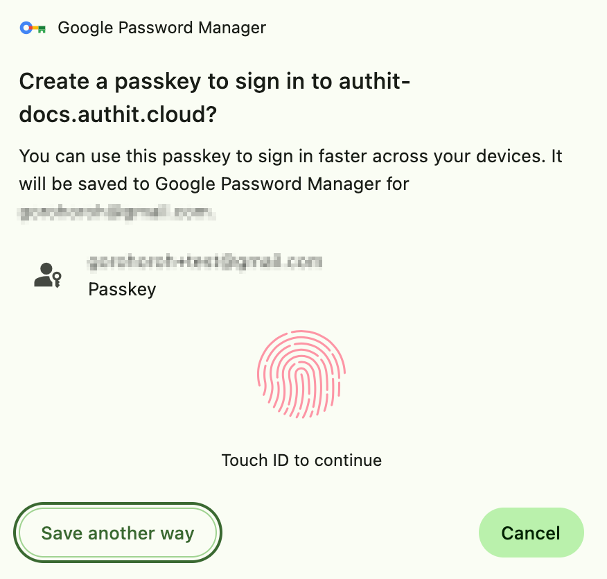 Passkey creation screen