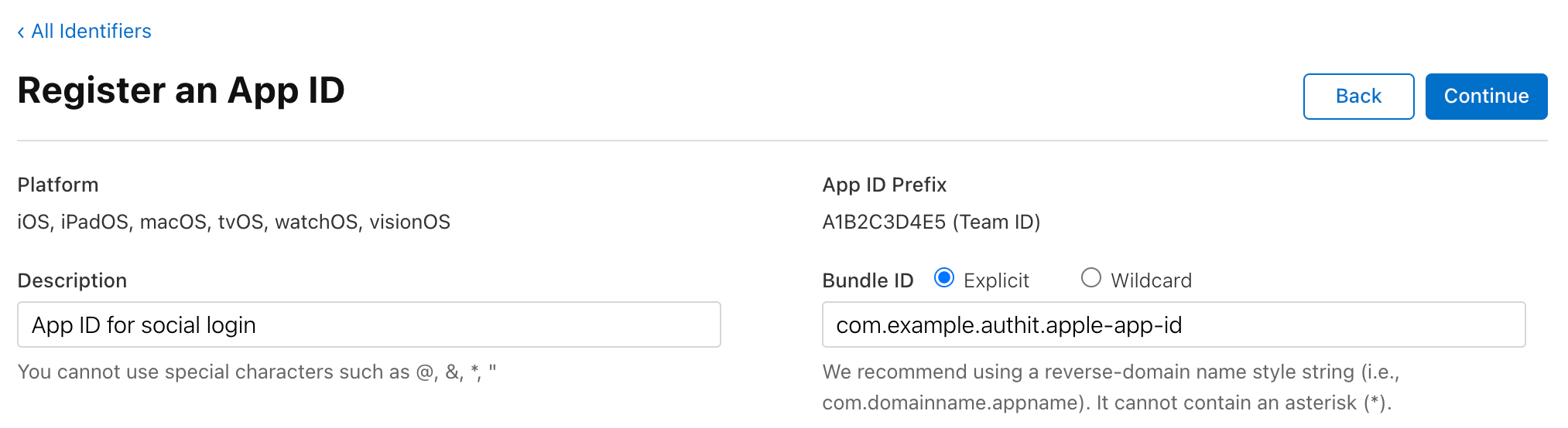 Creating a new App ID