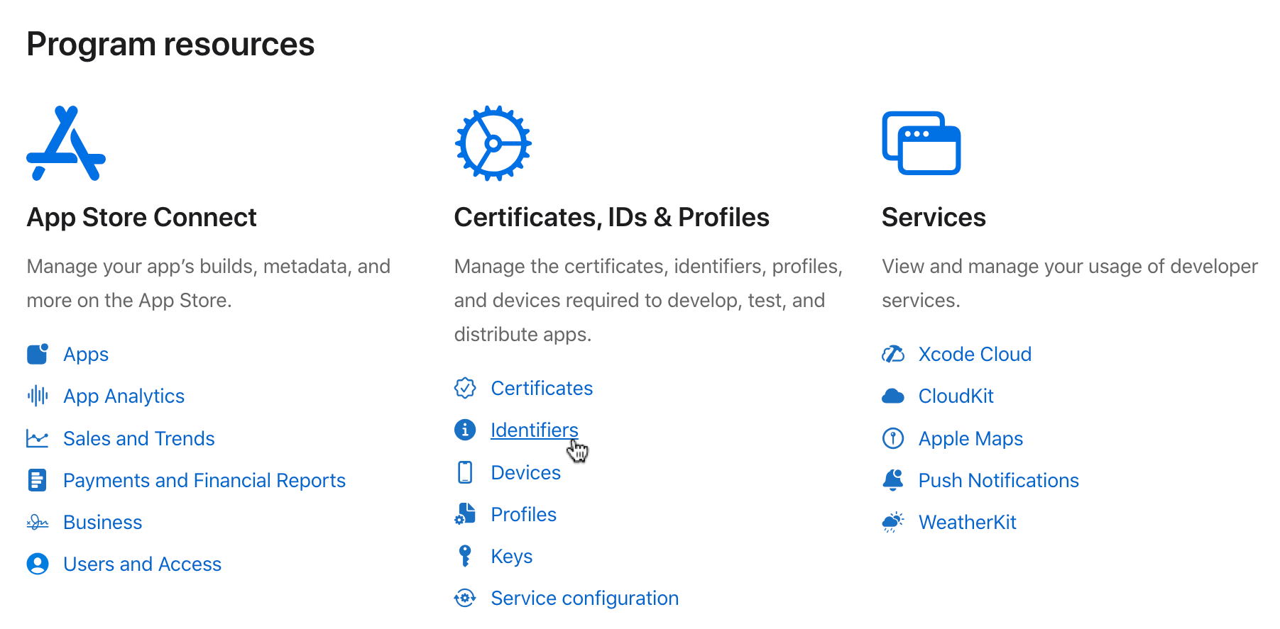 Link to Identifiers in the Apple Developer Account