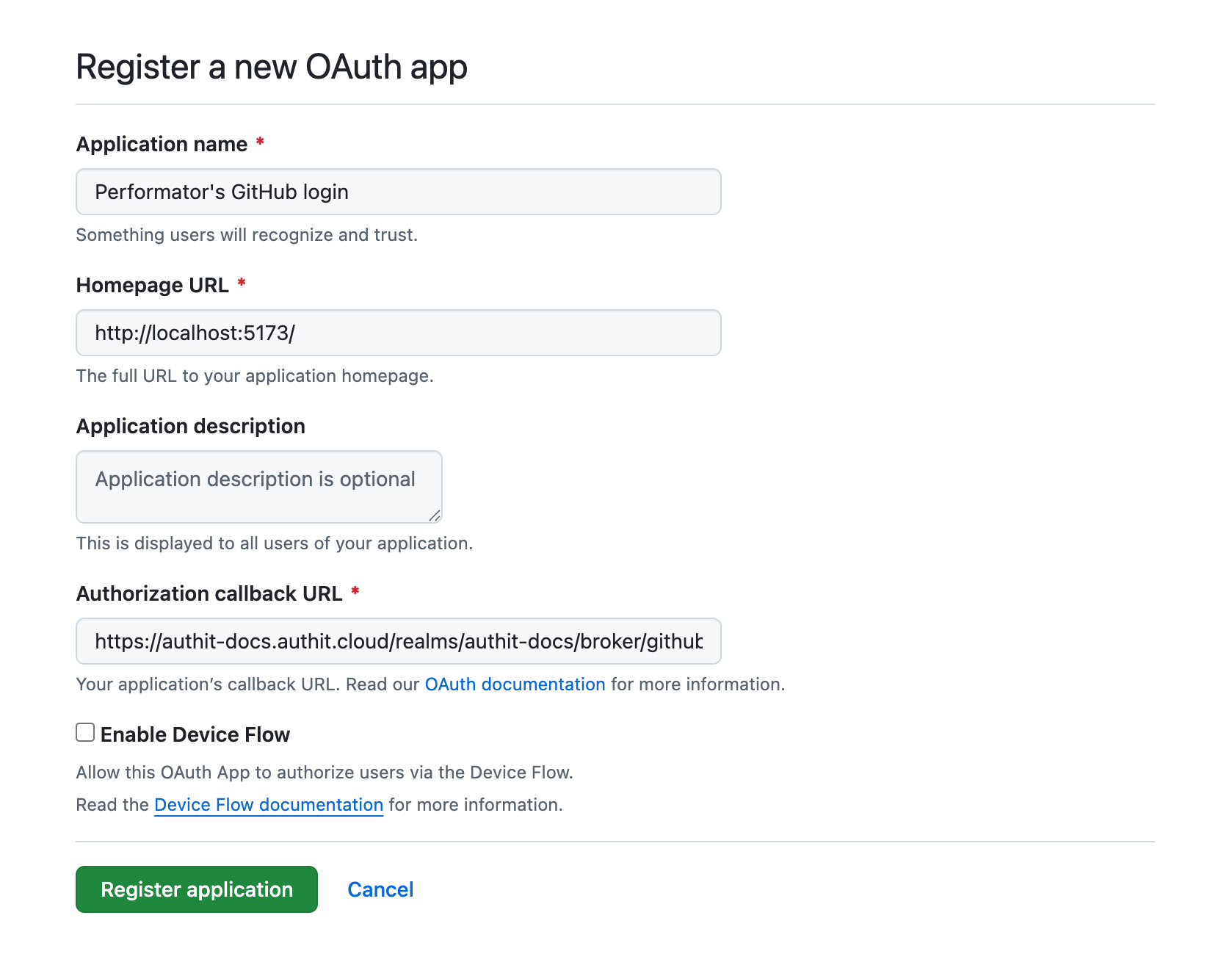 GitHub OAuth application settings