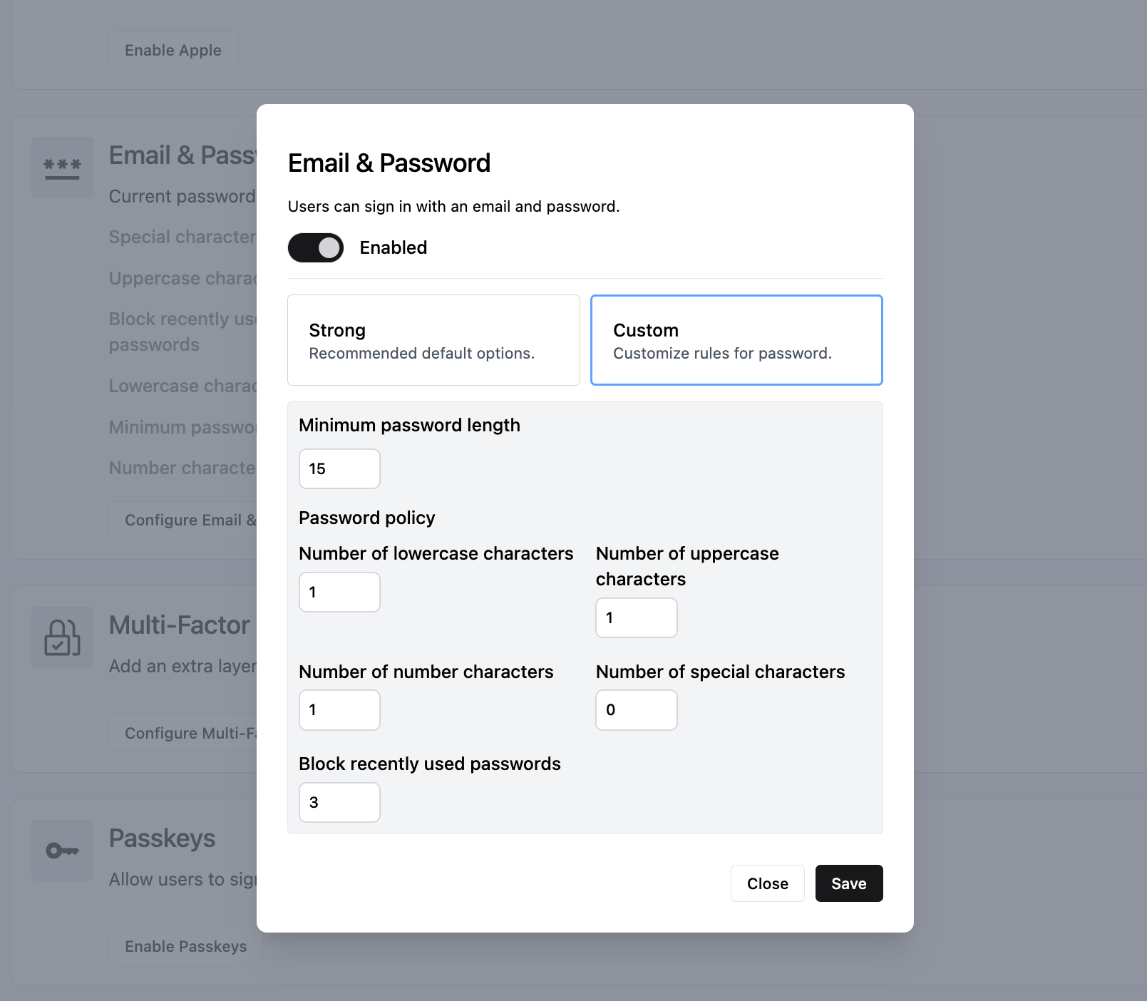 Custom password policy
