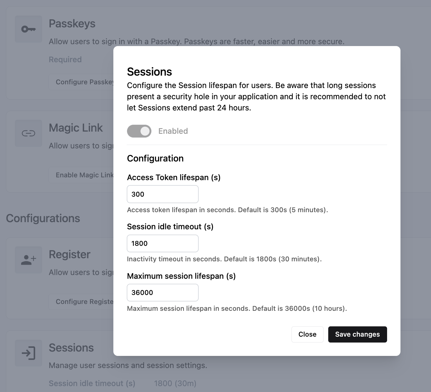 Default session settings