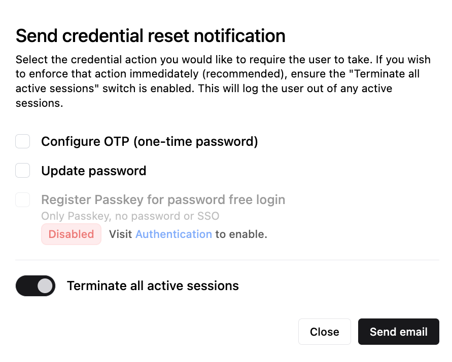 Sending a credential reset notification