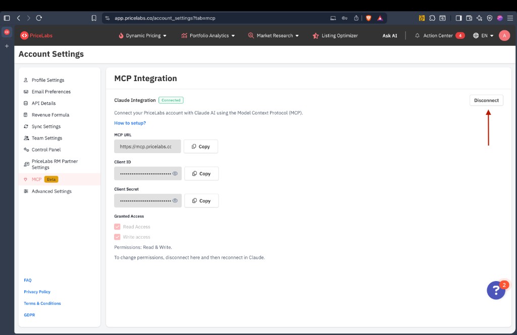 PriceLabs Account Settings MCP page showing the Disconnect button on the Claude Integration card