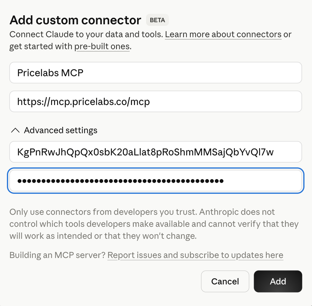 Claude Add custom connector form with Name, URL, and advanced credential fields