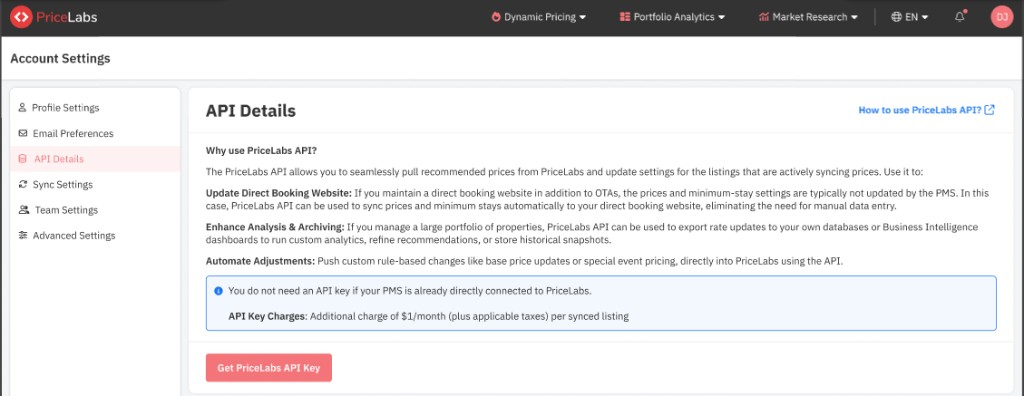 PriceLabs Account Settings showing the API Details page with the Get PriceLabs API Key button