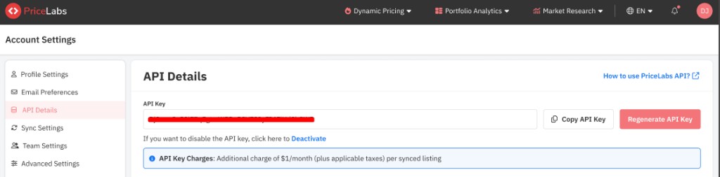 PriceLabs API Details page showing the API key field with Copy and Regenerate buttons