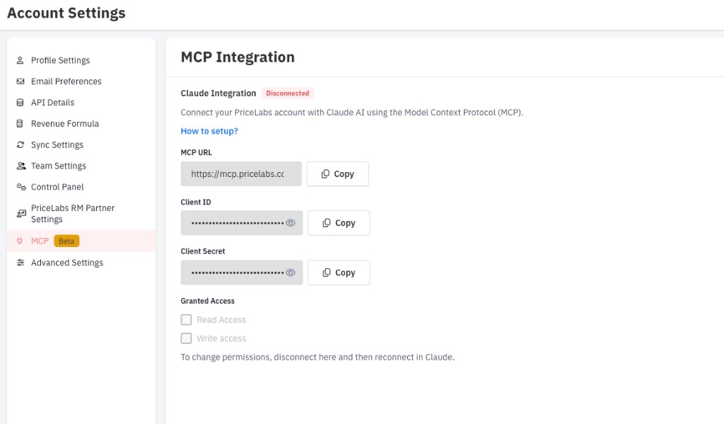 PriceLabs Account Settings MCP Integration page showing MCP URL, Client ID, Client Secret, and Claude integration status