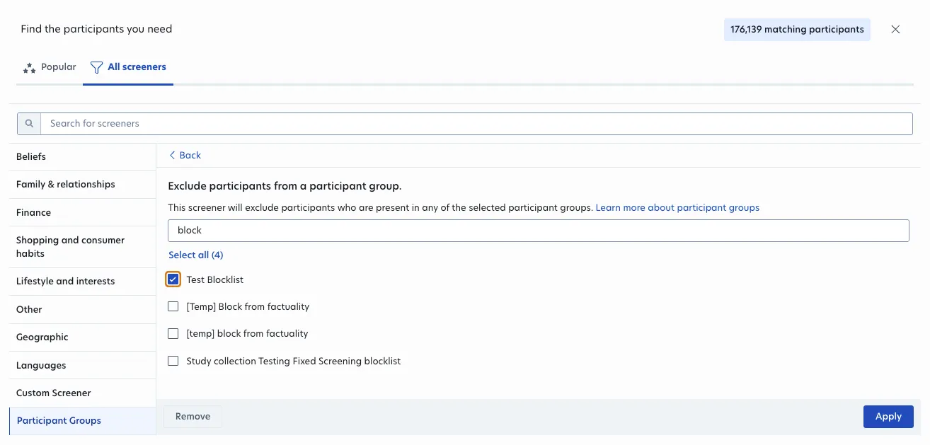 Add Participant Group Screener A
