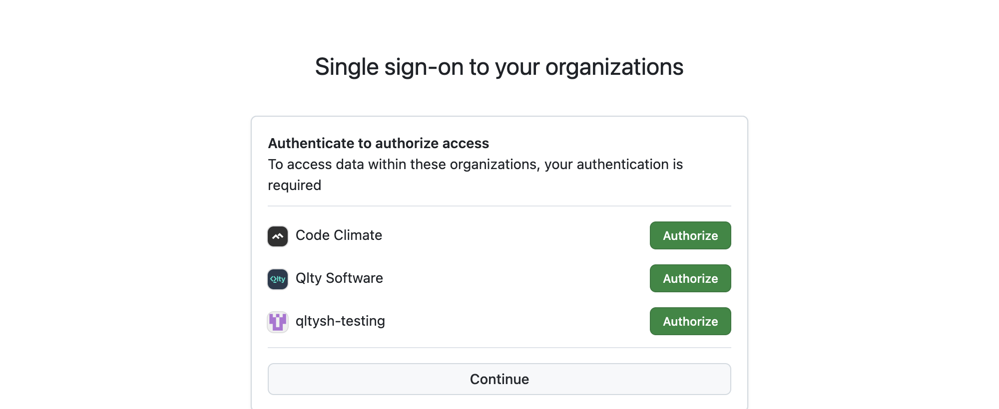 GitHub SSO page showing Authorize buttons next to organizations