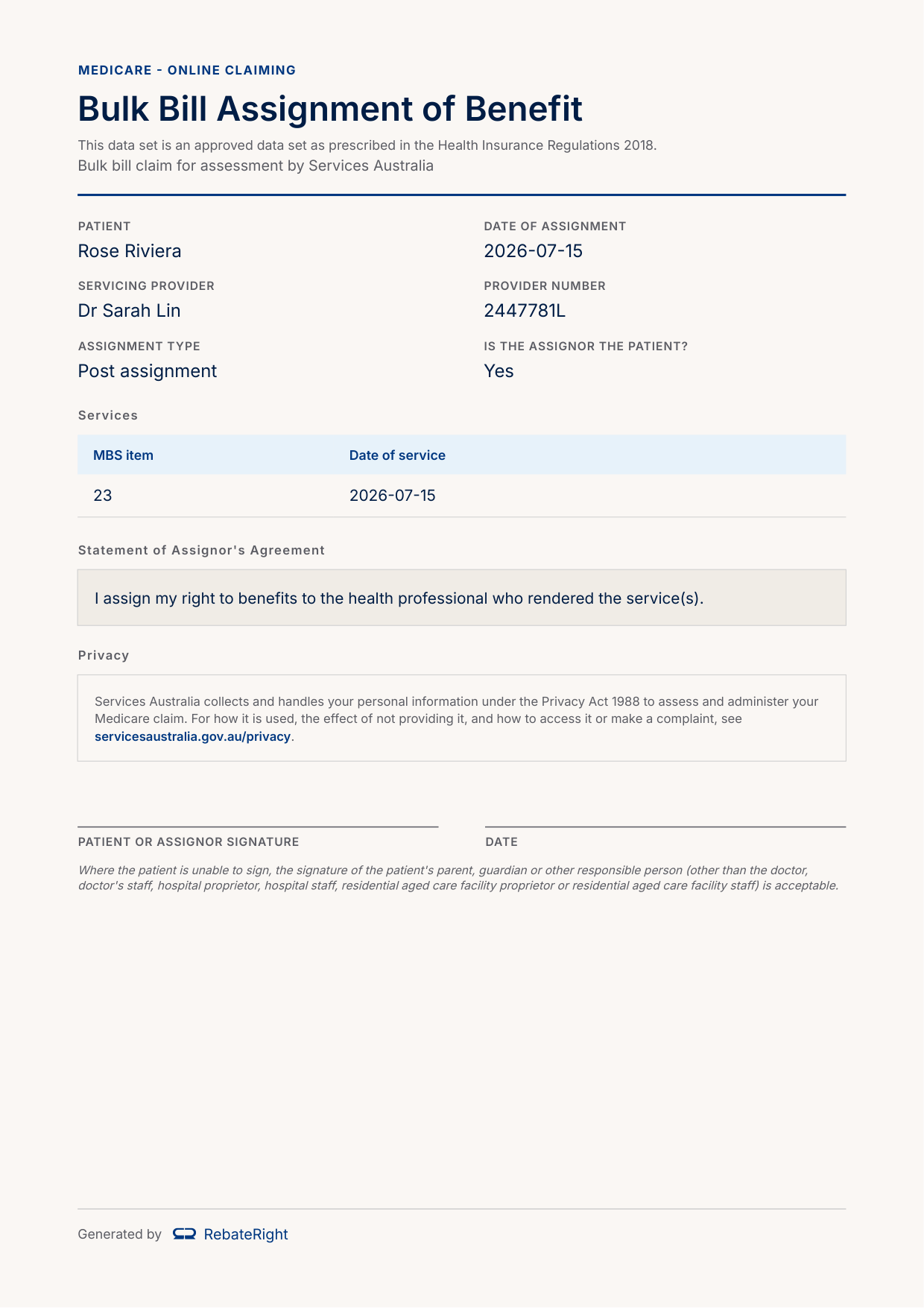A rendered post-assignment Bulk Bill Assignment of Benefit agreement in the general format: assignment type Post assignment, the MBS item number with its date, a past-tense assignor's statement, the Services Australia privacy notice, and a signature line.