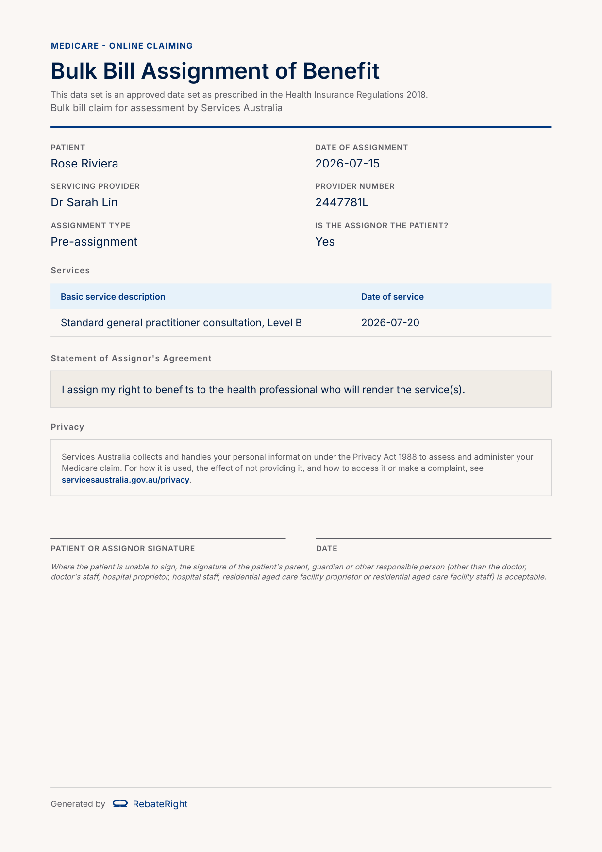 A rendered pre-assignment Bulk Bill Assignment of Benefit agreement in the general format: assignment type Pre-assignment, the service shown by description with its date, a future-tense assignor's statement, the Services Australia privacy notice, and a signature line.