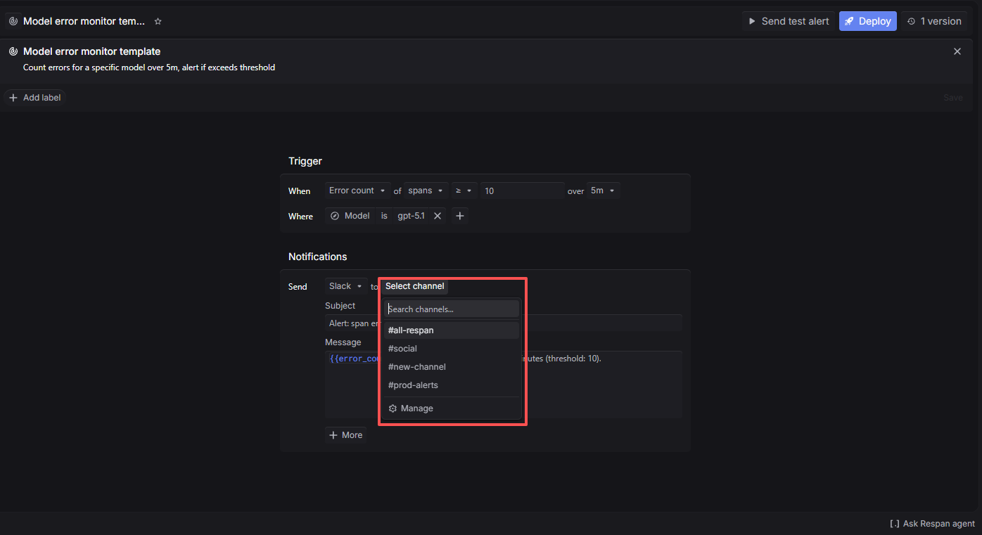 Channel picker dropdown for Slack notifications in Respan