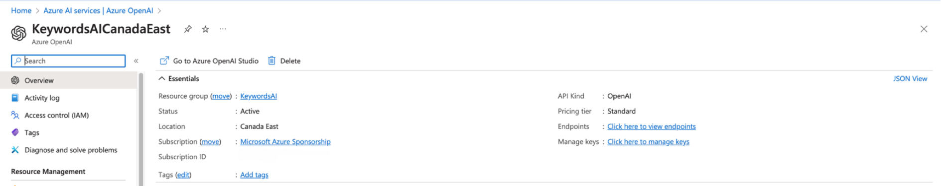 Azure endpoint and keys
