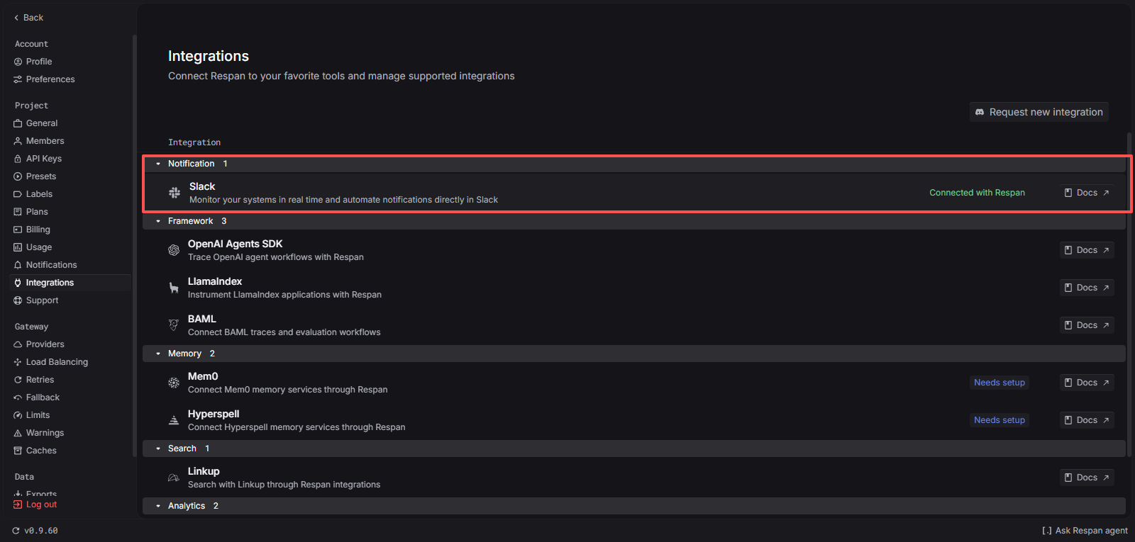 Integrations page showing Slack connected to a workspace