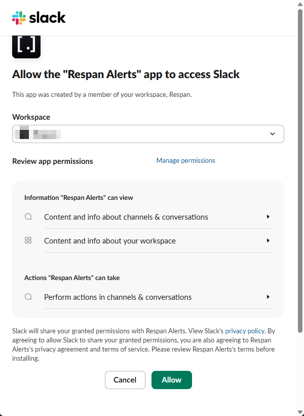 Slack OAuth consent screen requesting Respan permissions