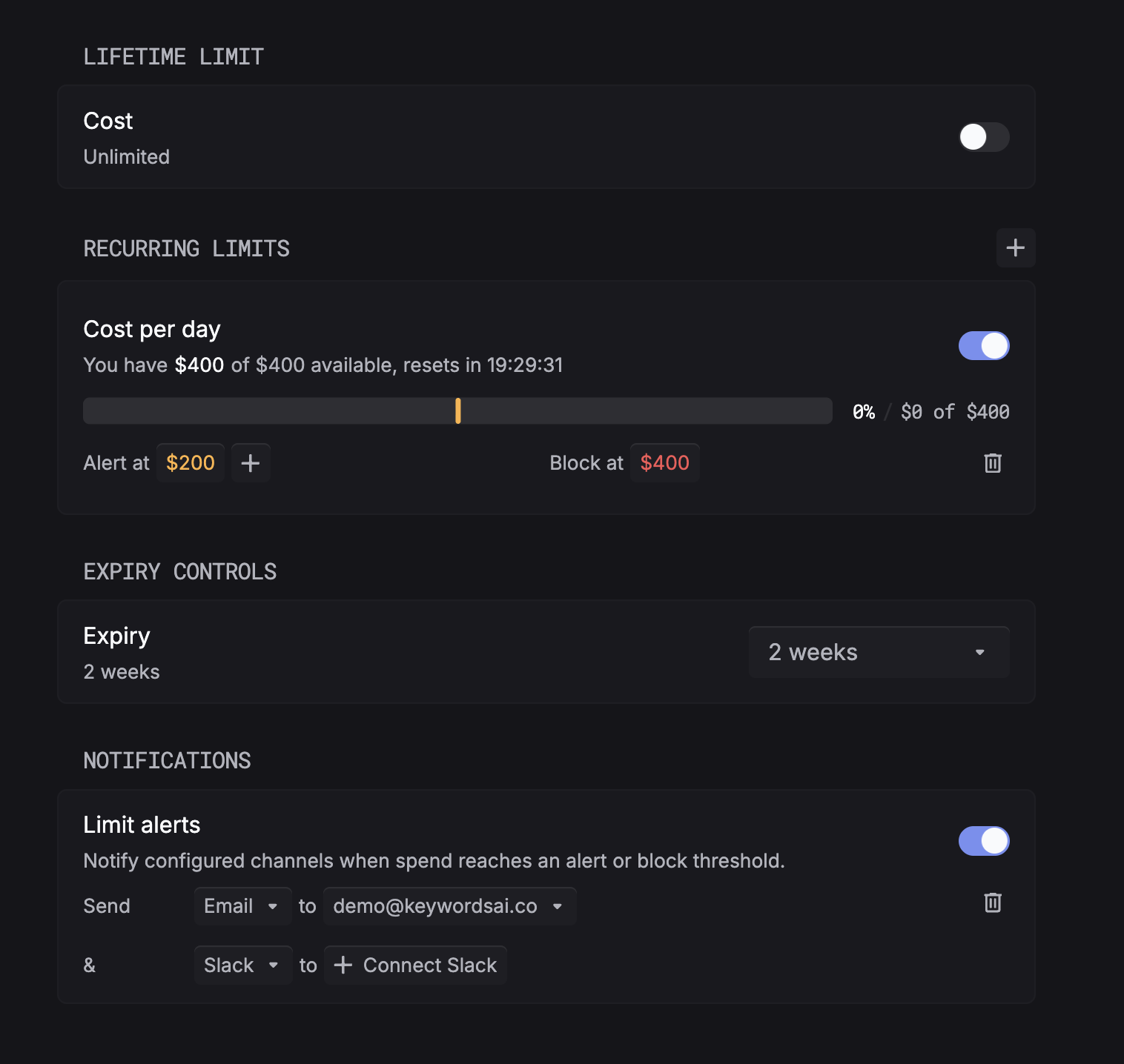 API key advanced settings: lifetime limit, recurring limits with alert and block thresholds, expiry controls, and limit-alert notifications via email and Slack.