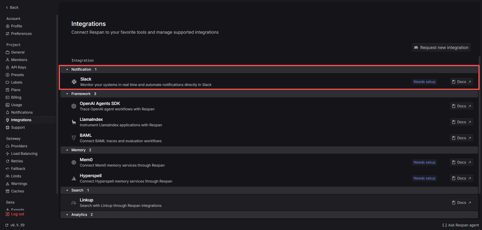 Slack row on the Respan Integrations page