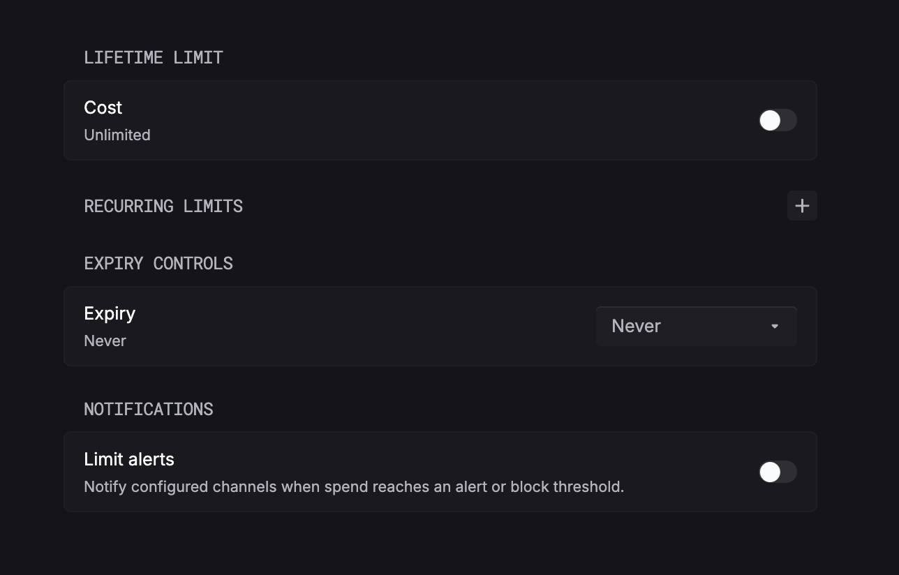 Per-API-key limits on the API key detail page: Lifetime limit, Recurring limits, Expiry, and Limit alerts controls.