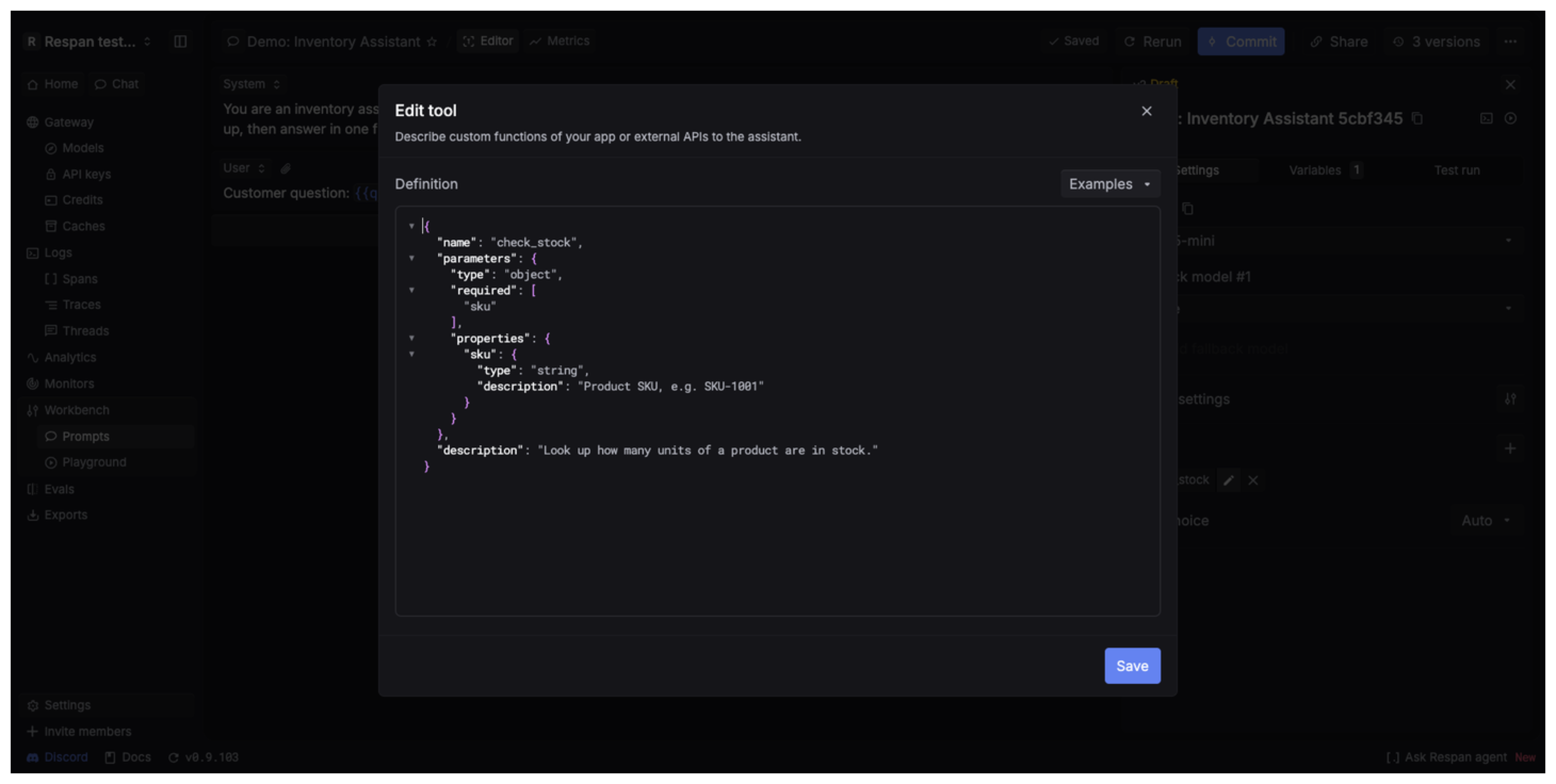 The prompt editor Tools tab with a check_stock tool defined by a JSON schema: a name, description, and a required sku string parameter.