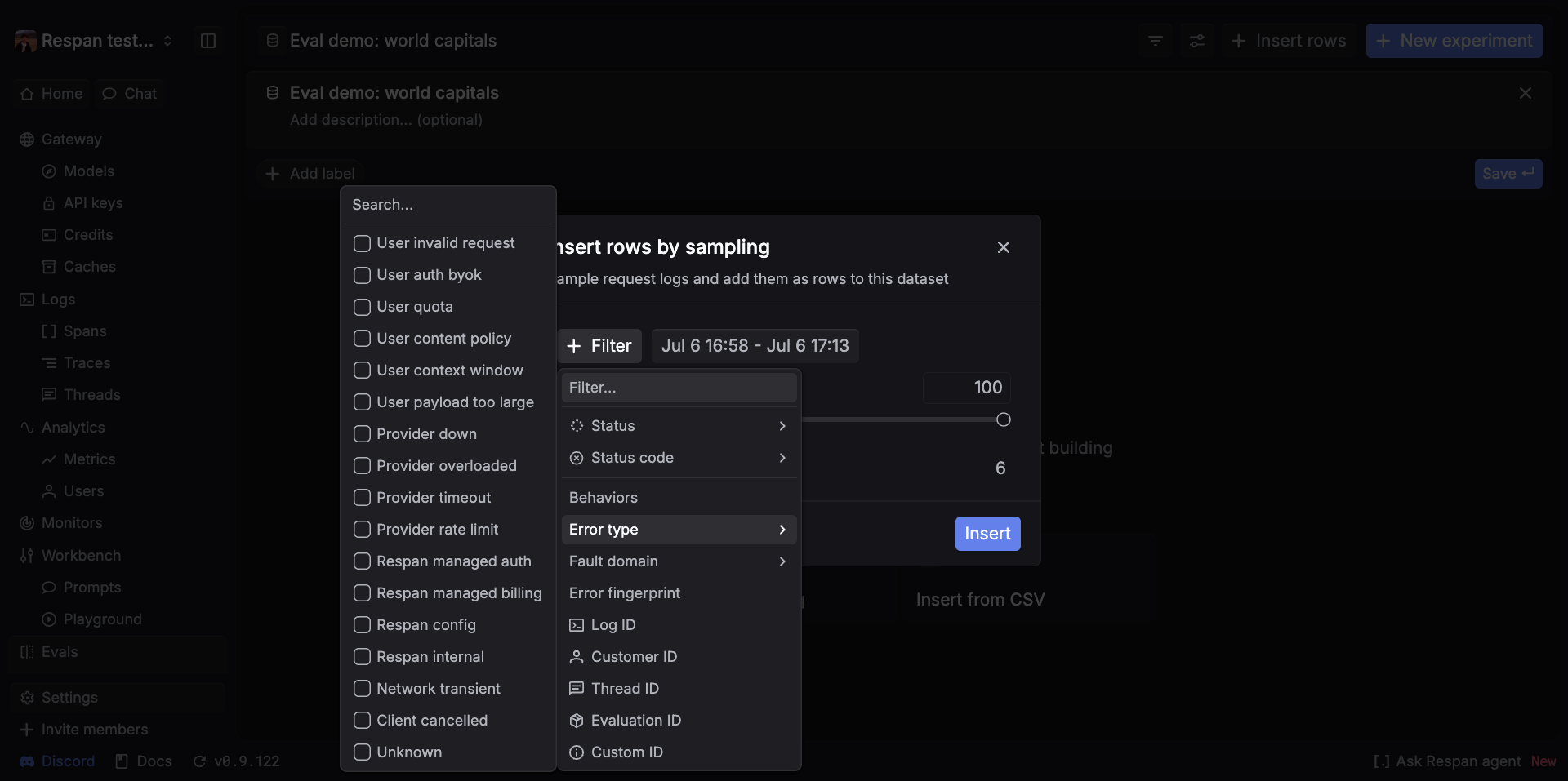 The Insert by sampling modal with the filter menu open