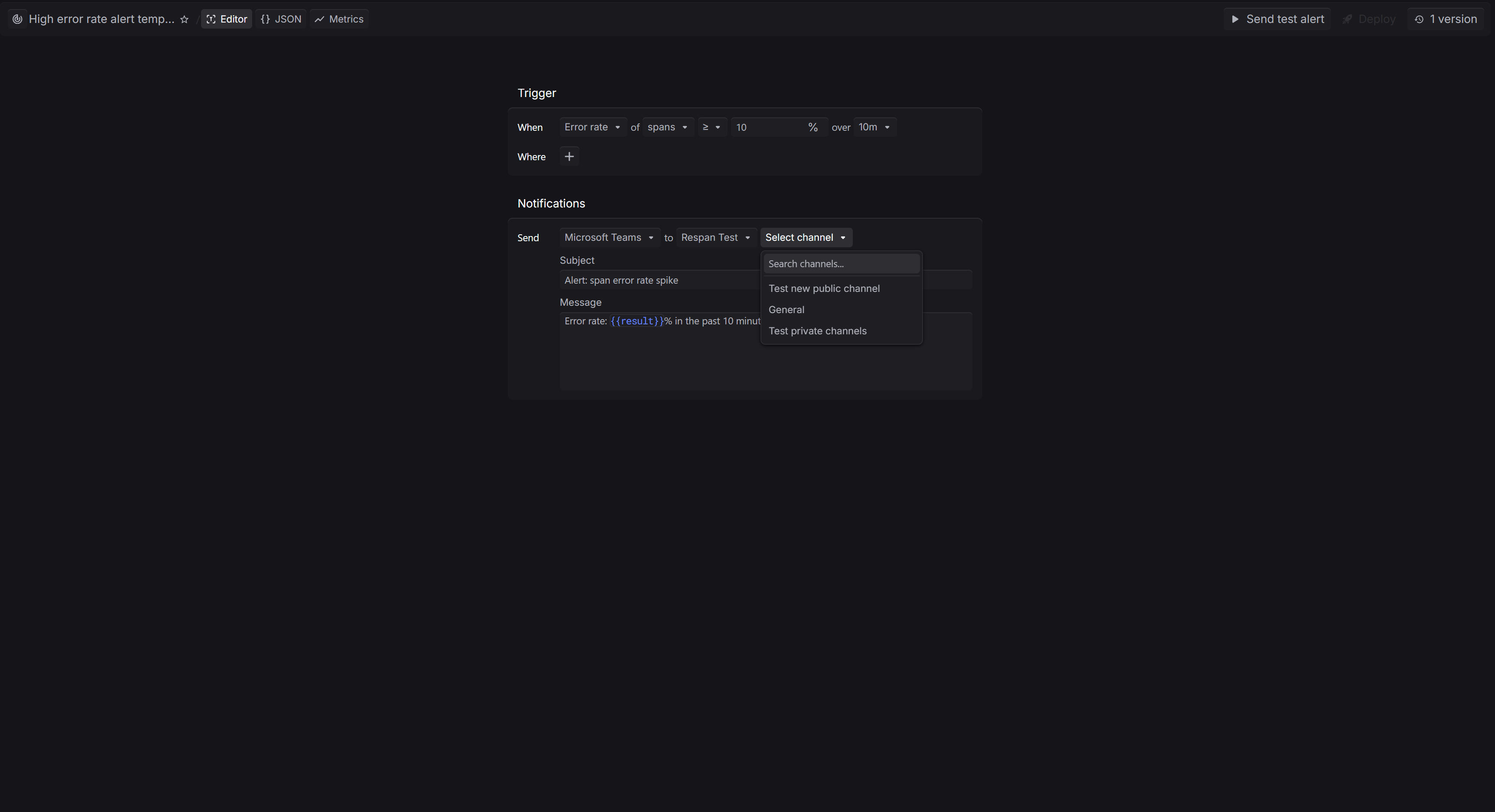Team and channel picker dropdowns for Microsoft Teams notifications in Respan
