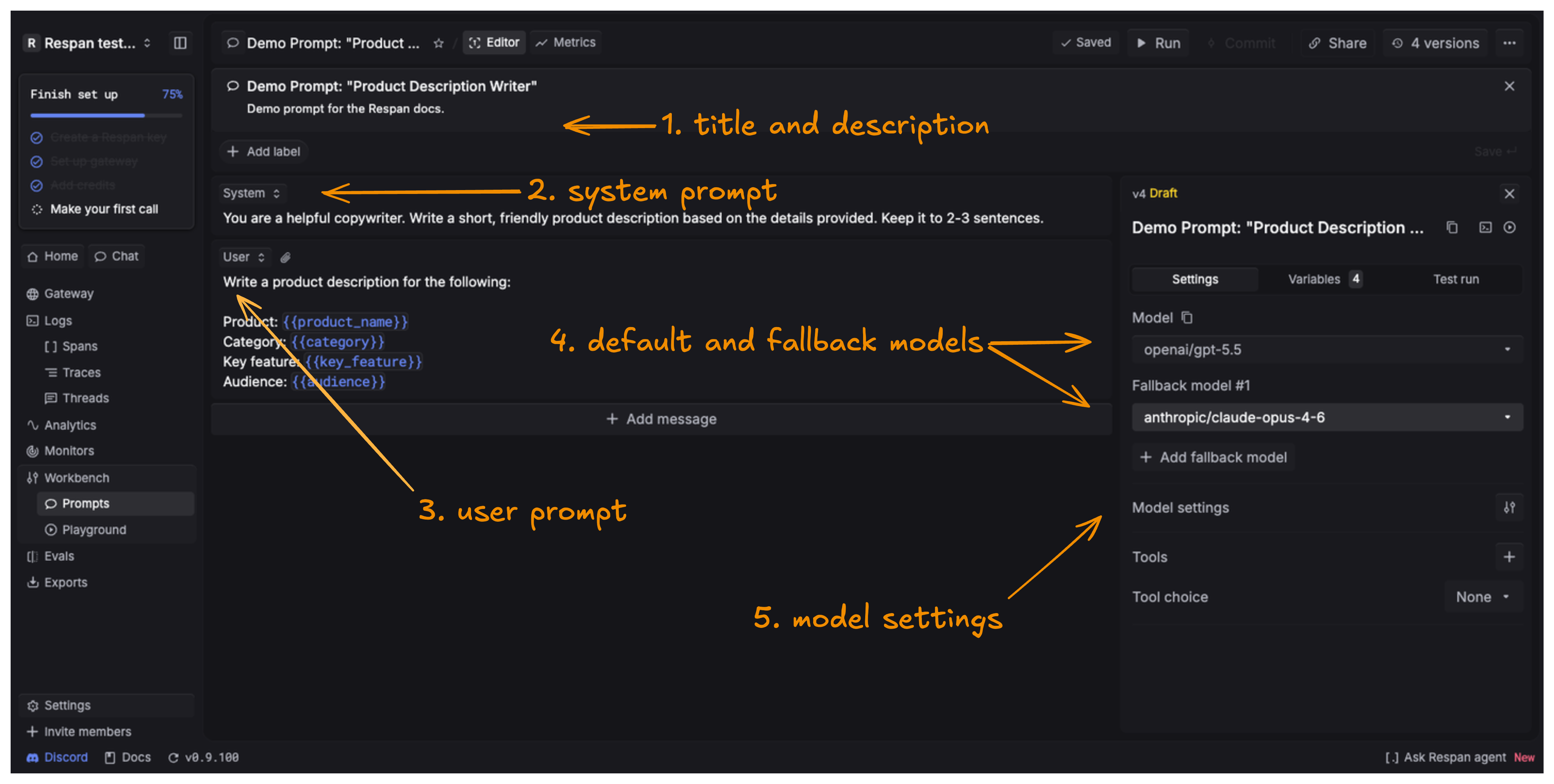 Configure your prompt: add a title and description, write the system and user prompts, select default and fallback models, and adjust model settings.